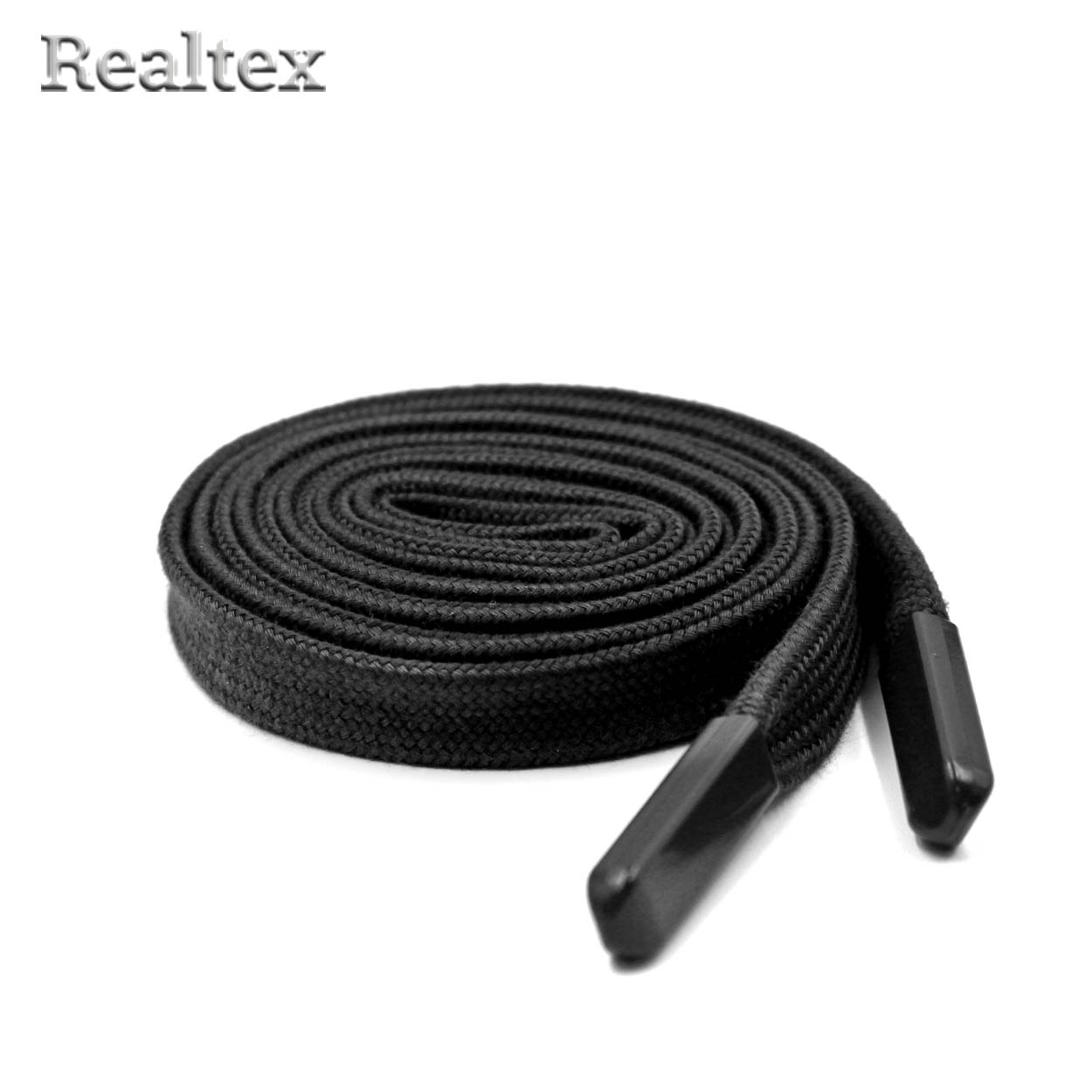Шнур с наконечниками Realtex R- 2 плоский однотонный шир.12мм дл.140см (10шт) цв.черный