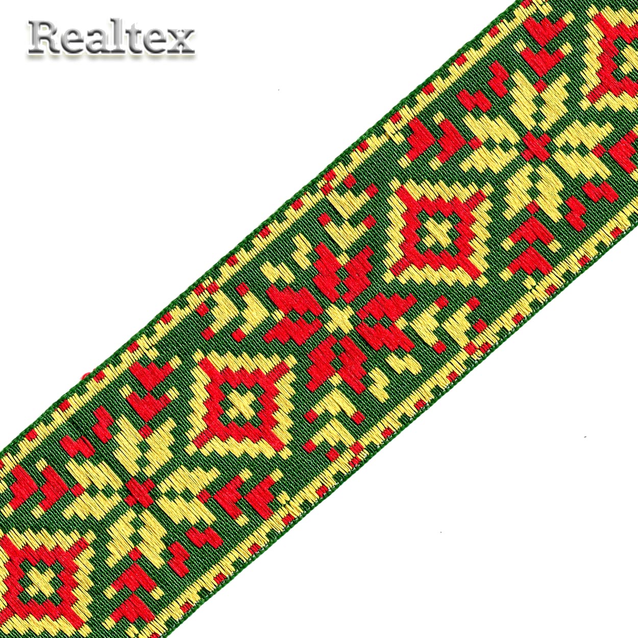Тесьма жакардовая 50мм с3379г17 рис.9645 (25м) цв.зелёный/жёлтый/красный