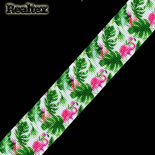 Лента репсовая с рисунком Реалтекс 25мм "Фламинго" цв.зеленый