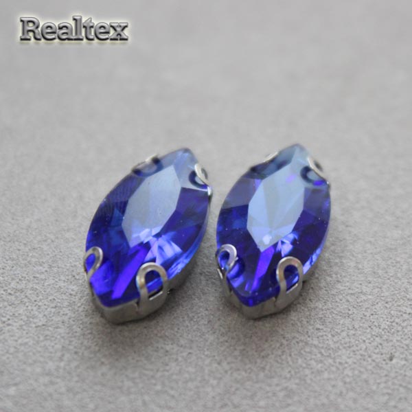 Стразы пришивные стекло в оправе Realtex "овал острый" 7*15мм цв.11 Cobalt