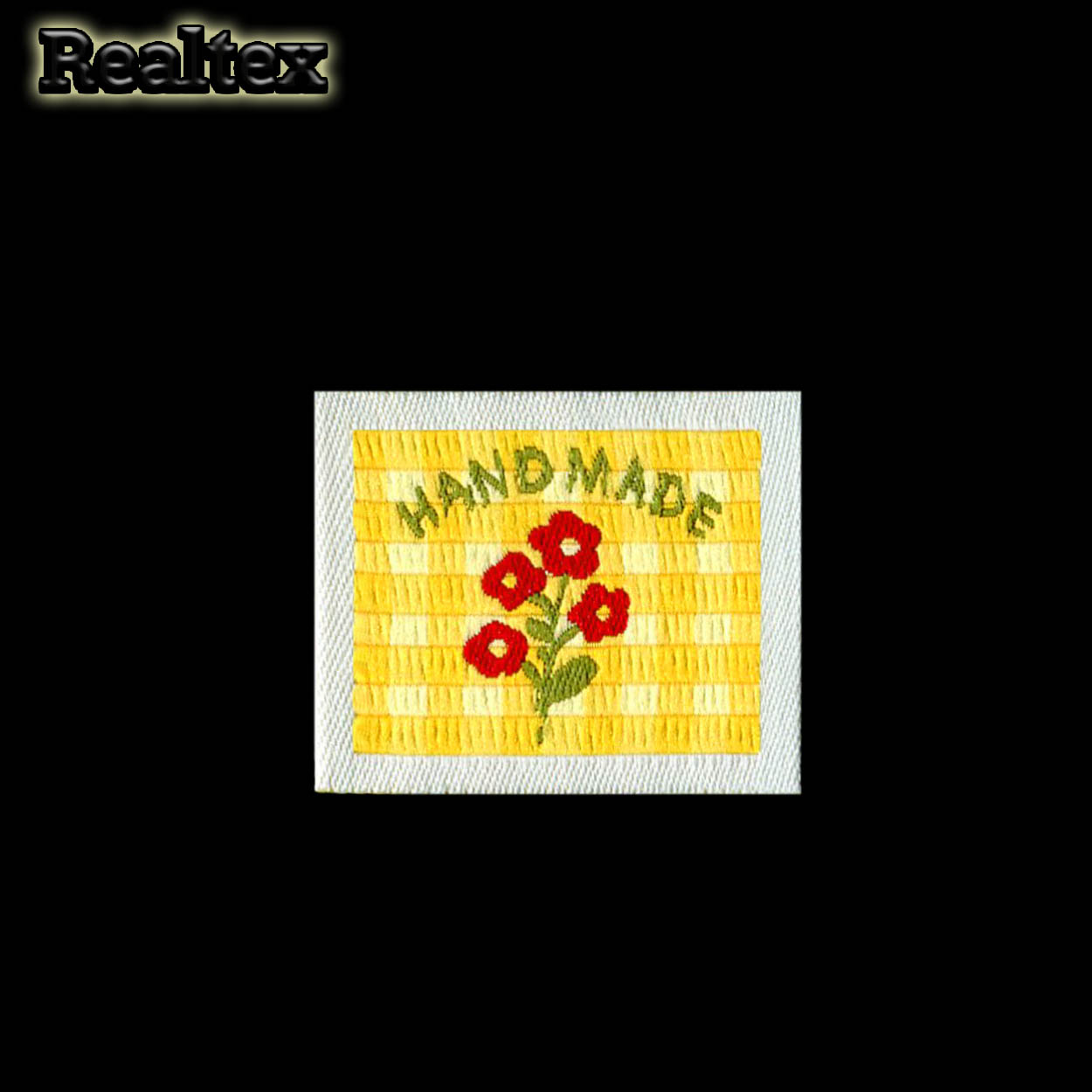 Бирка пришивная ткань Realtex №64 "HandMade" (25шт) цв.желтый/бордовый