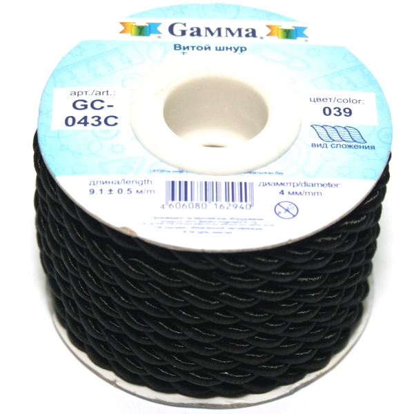 Шнур витой GC-043C 4мм "Гамма" цв.039 черный