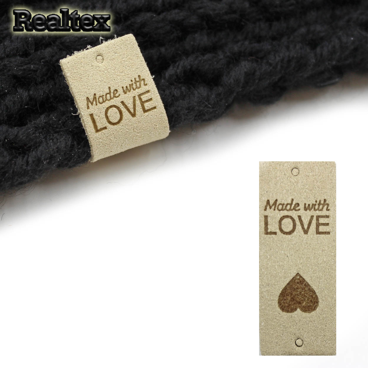 Бирка пришивная замша Realtex №25"Made with Love" цв.бежевый