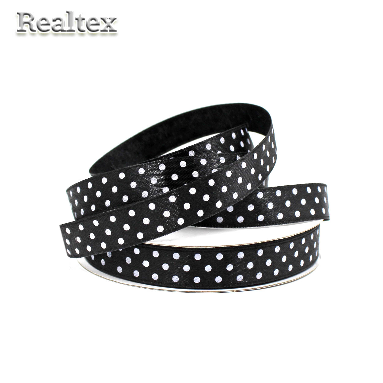 Лента атласная с рисунком  12мм  Realtex "Горох" цв.черный