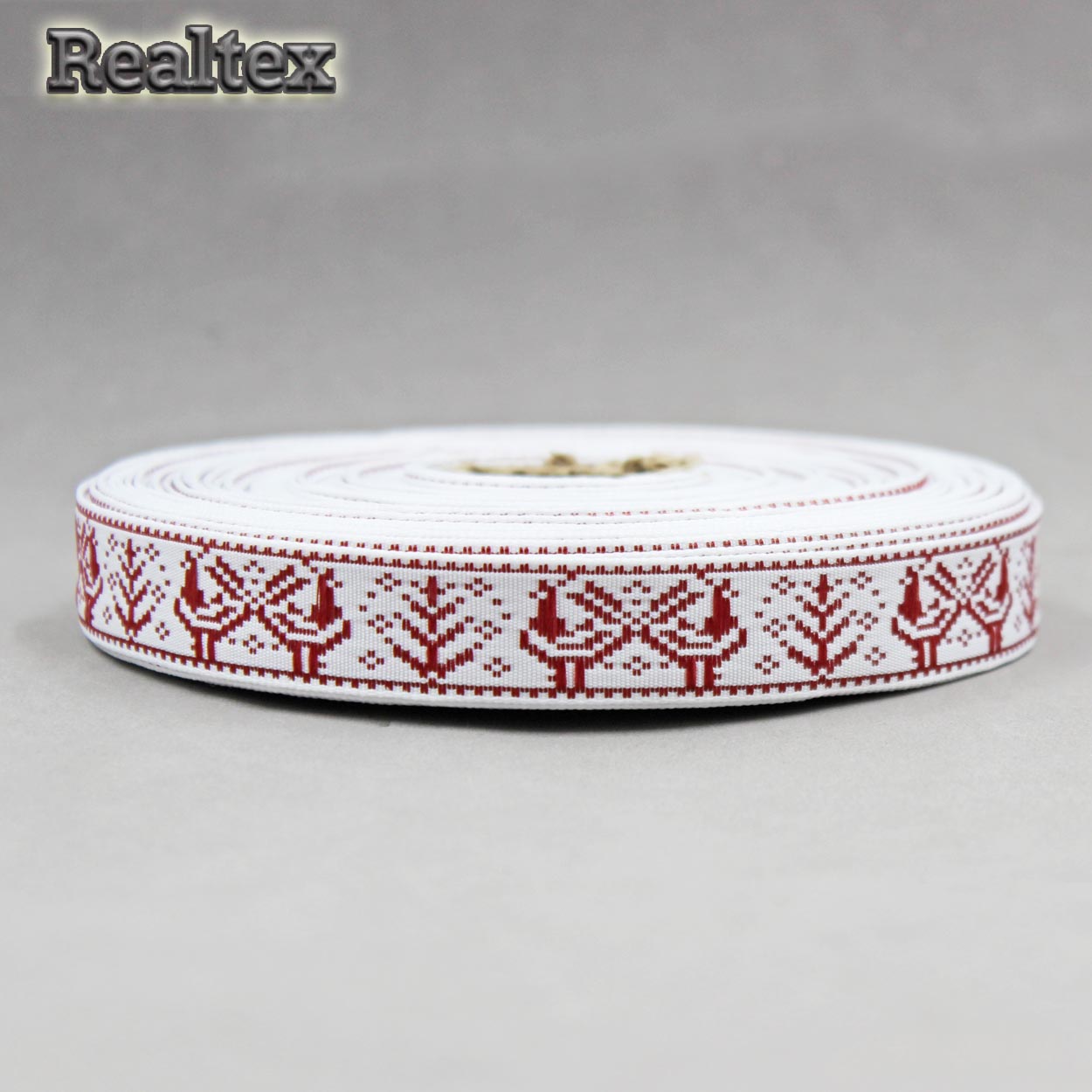 Тесьма жакардовая 18мм с1851г17 рис.9507 (25м) цв.белый/красный