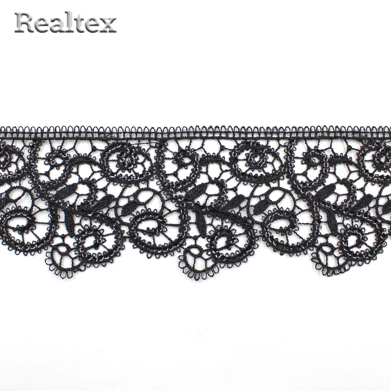 Кружево  гипюр  Realtex  60мм R-6510 с пайетками (9,1м) цв.черный  