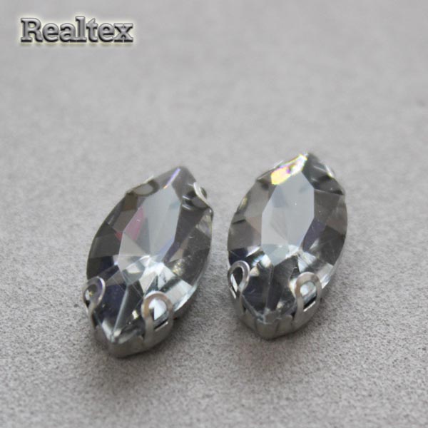 Стразы пришивные стекло в оправе Realtex "овал острый" 7*15мм цв.02 Grey