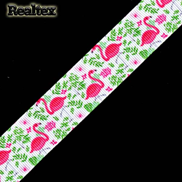 Лента репсовая с рисунком Realtex 25мм "Фламинго" цв.белый