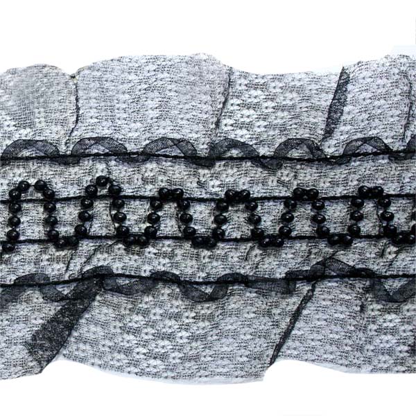 Тесьма-рюша с бусинами CTZ-9734 70мм цв.черный