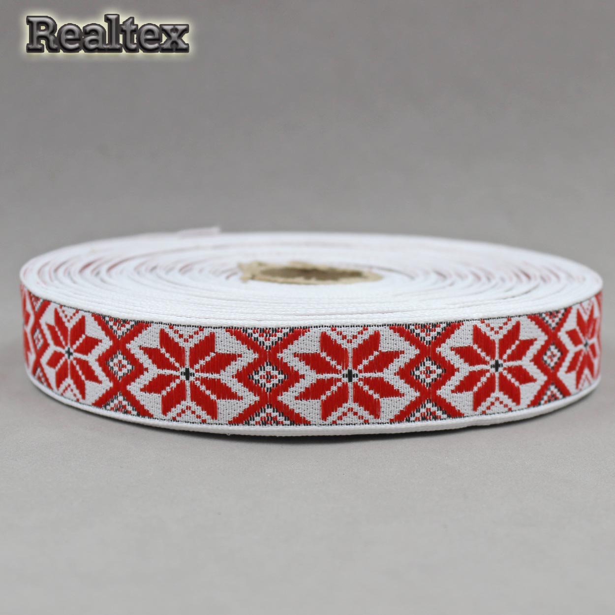 Тесьма жакардовая 24мм с1852г17 рис.9832 (25м) цв.белый/красный/черный