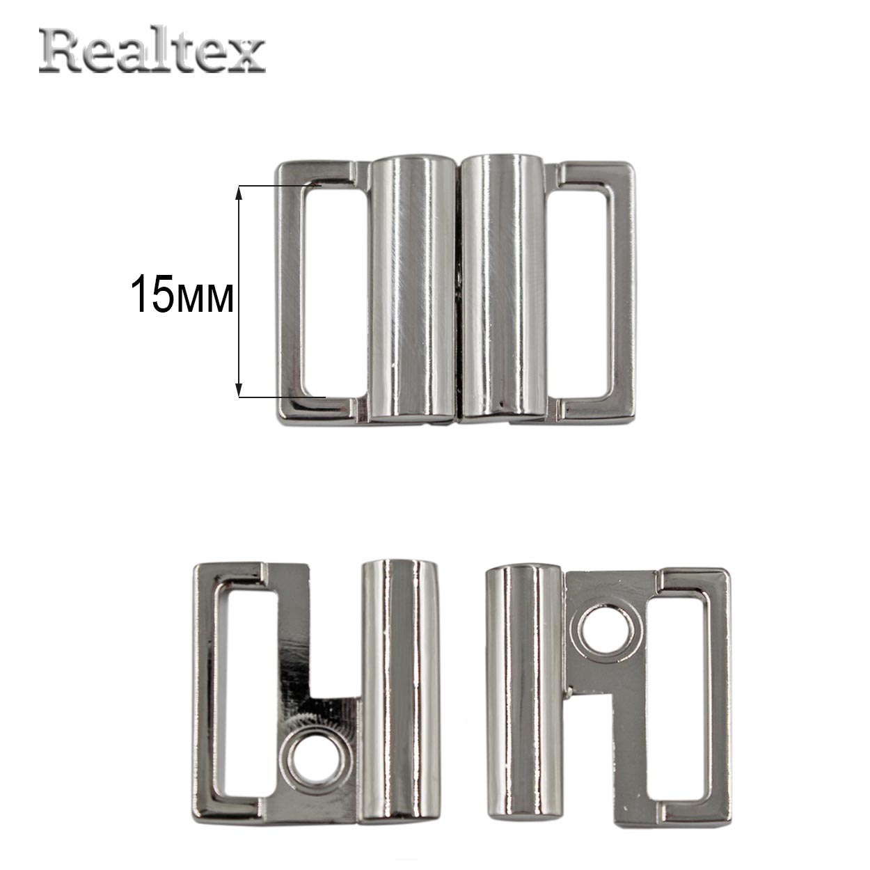 Застежка для купальника металлическая Realtex 15мм 3634 (10шт) цв.полированный никель 