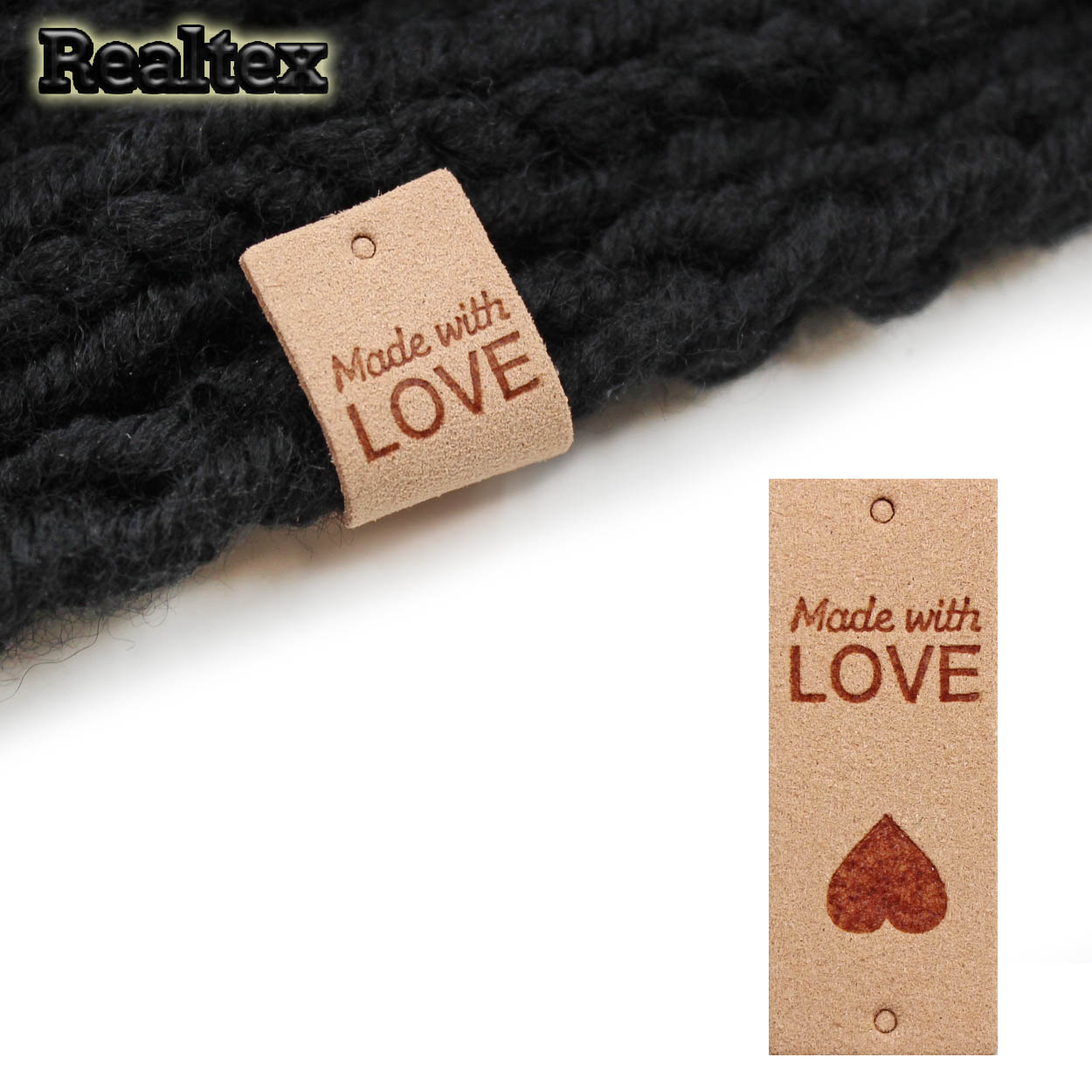 Бирка пришивная замша Realtex №25 "Made with Love" цв.розово-бежевый