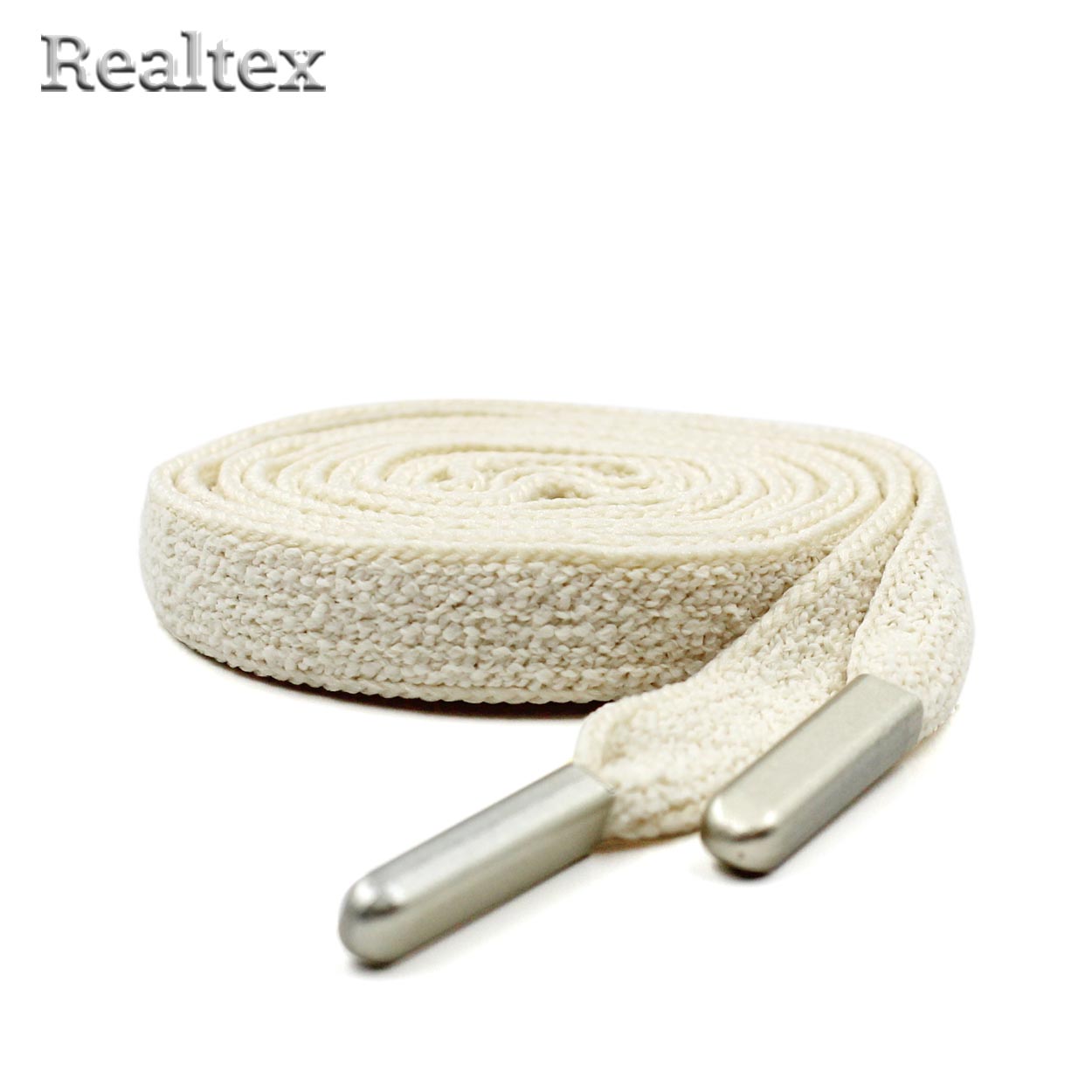 Шнур с наконечниками Realtex R- 5 плоский, однотонный, мягкий шир.8мм дл.140см (10шт) цв.молочный