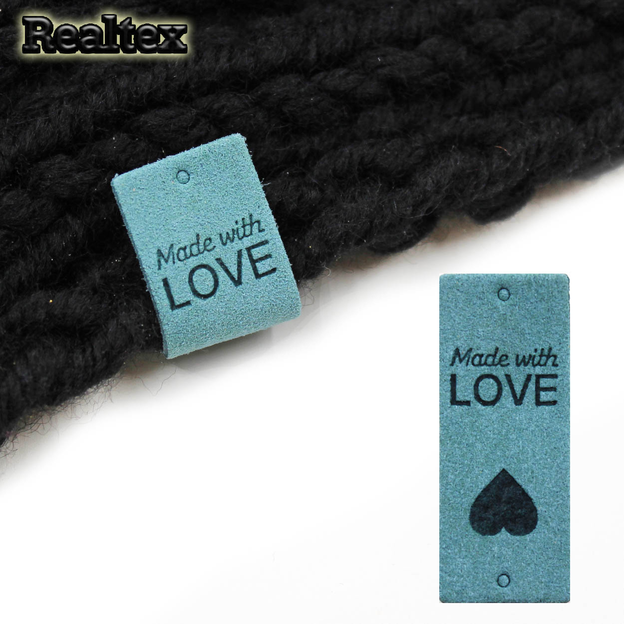 Бирка пришивная замша Realtex №25 "Made with Love" цв.джинсовый