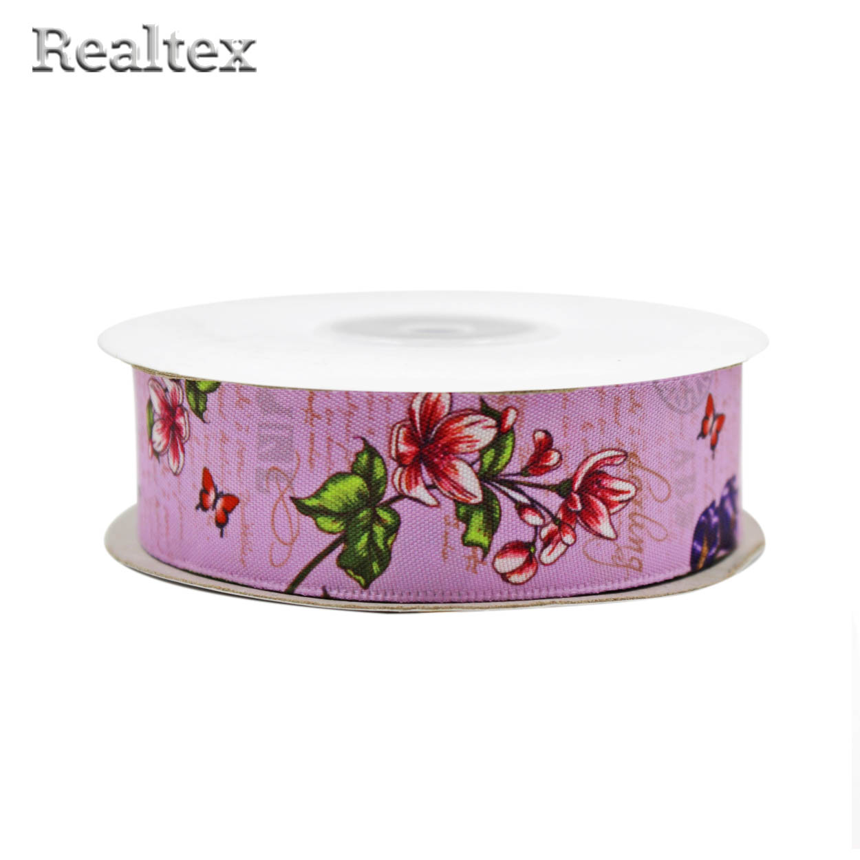 Лента атласная с рисунком 25мм "Цветы darling" Ш цв.сиреневый