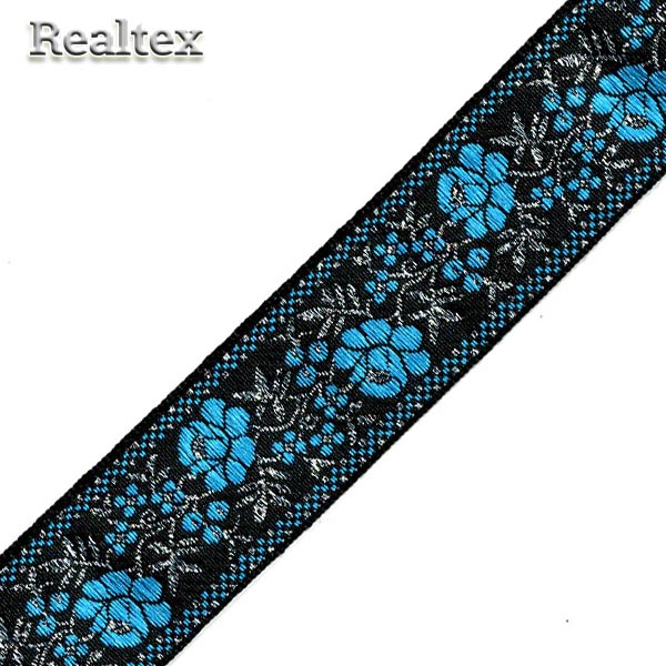 Тесьма жакардовая 32мм с3104г17 рис.9578"в" (25м) цв.черный/василек/серебро