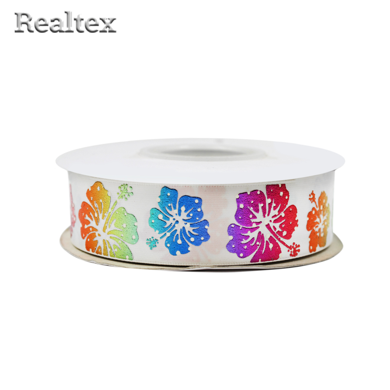 Лента атласная с рисунком 25мм объемный 2D "Лилии" цв.001 белый