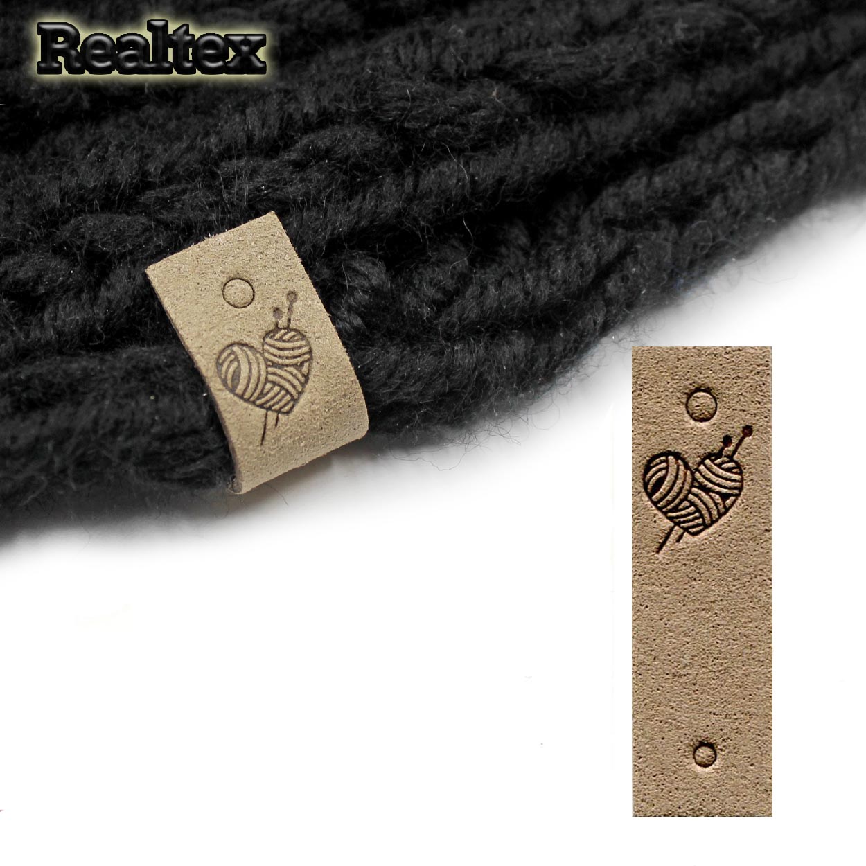 Бирка пришивная замша Realtex №14 "Сердце со спицами" цв.темно-бежевый