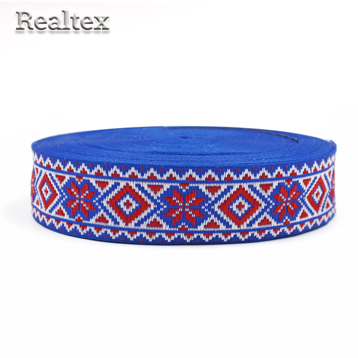 Тесьма жакардовая 32мм с1853г17 рис.9472 (25м) цв.электрик/красный