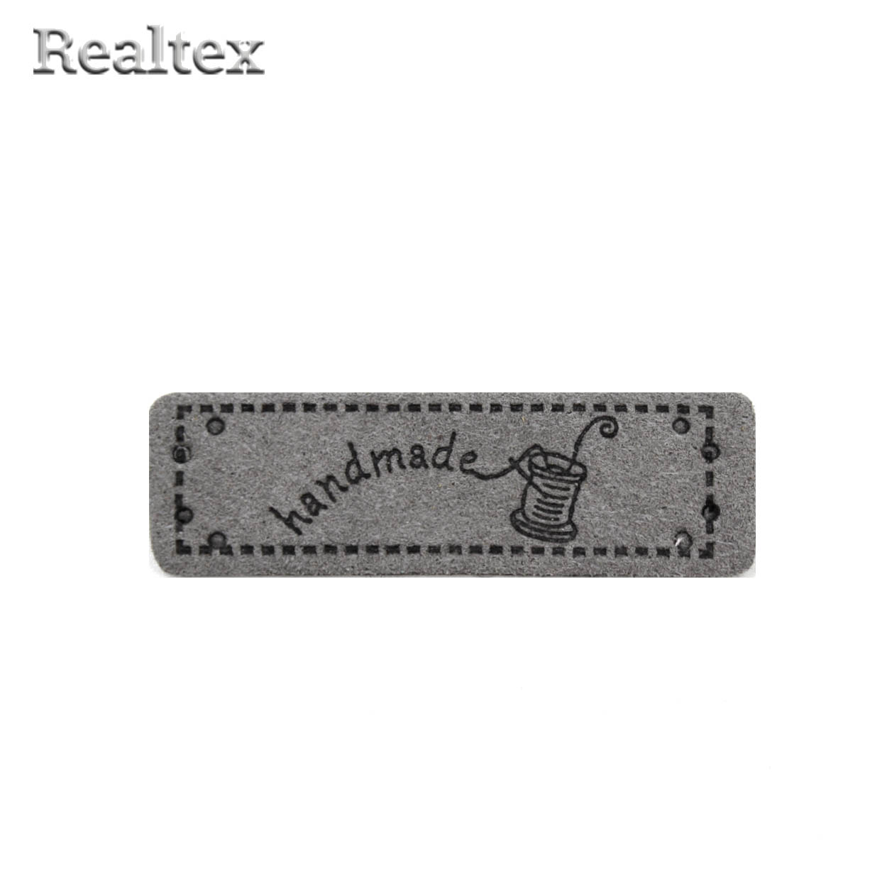 Бирка пришивная замша Realtex №24 "Катушка ниток с иглой" цв.серый