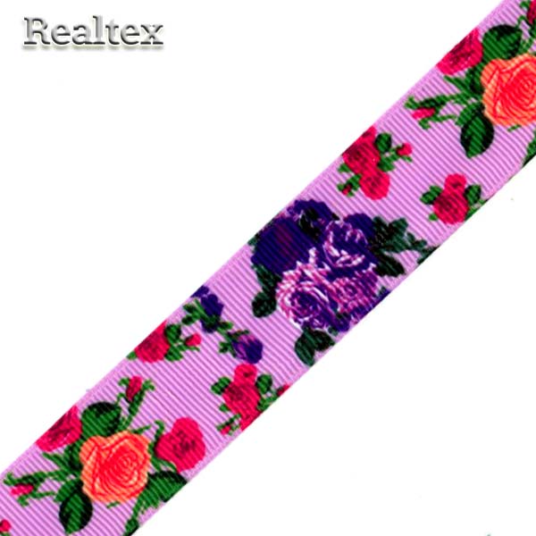 Лента репсовая с рисунком Реалтекс 25мм "Розы" цв.сиреневый
