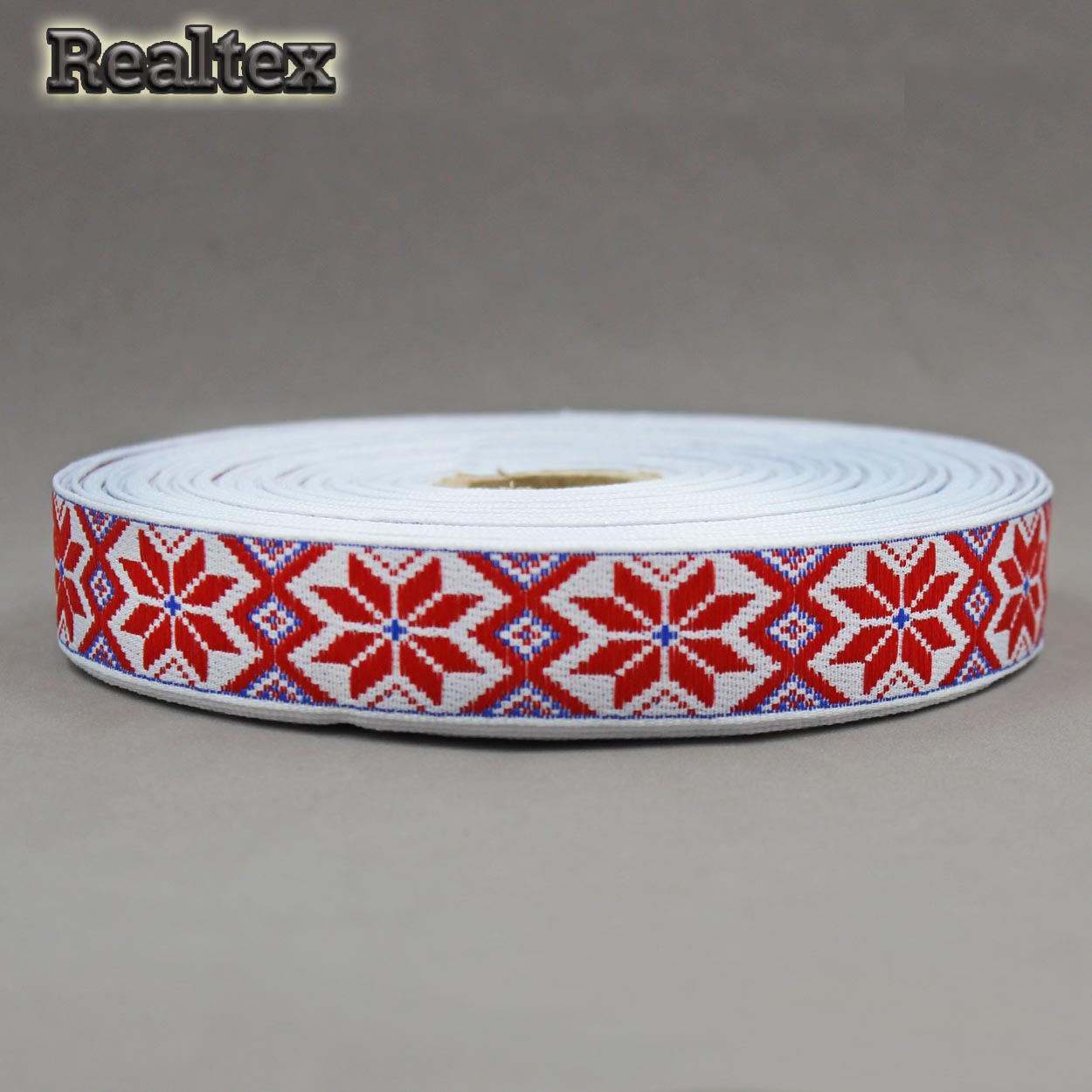 Тесьма жакардовая 24мм с1852г17 рис.9832 (25м) цв.белый/красный/синий