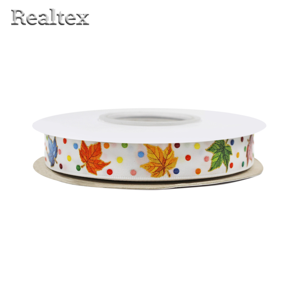 Лента атласная с рисунком 16мм объемный 2D "Кленовые листья" цв.001 белый