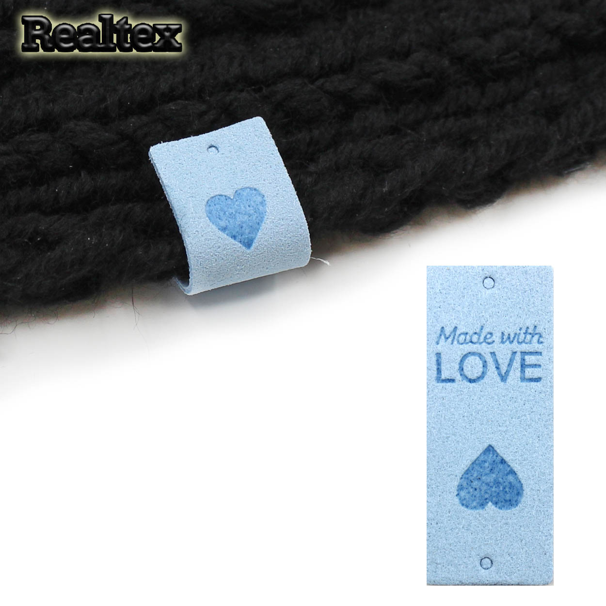 Бирка пришивная замша Realtex №25 "Made with Love" цв.св.голубой