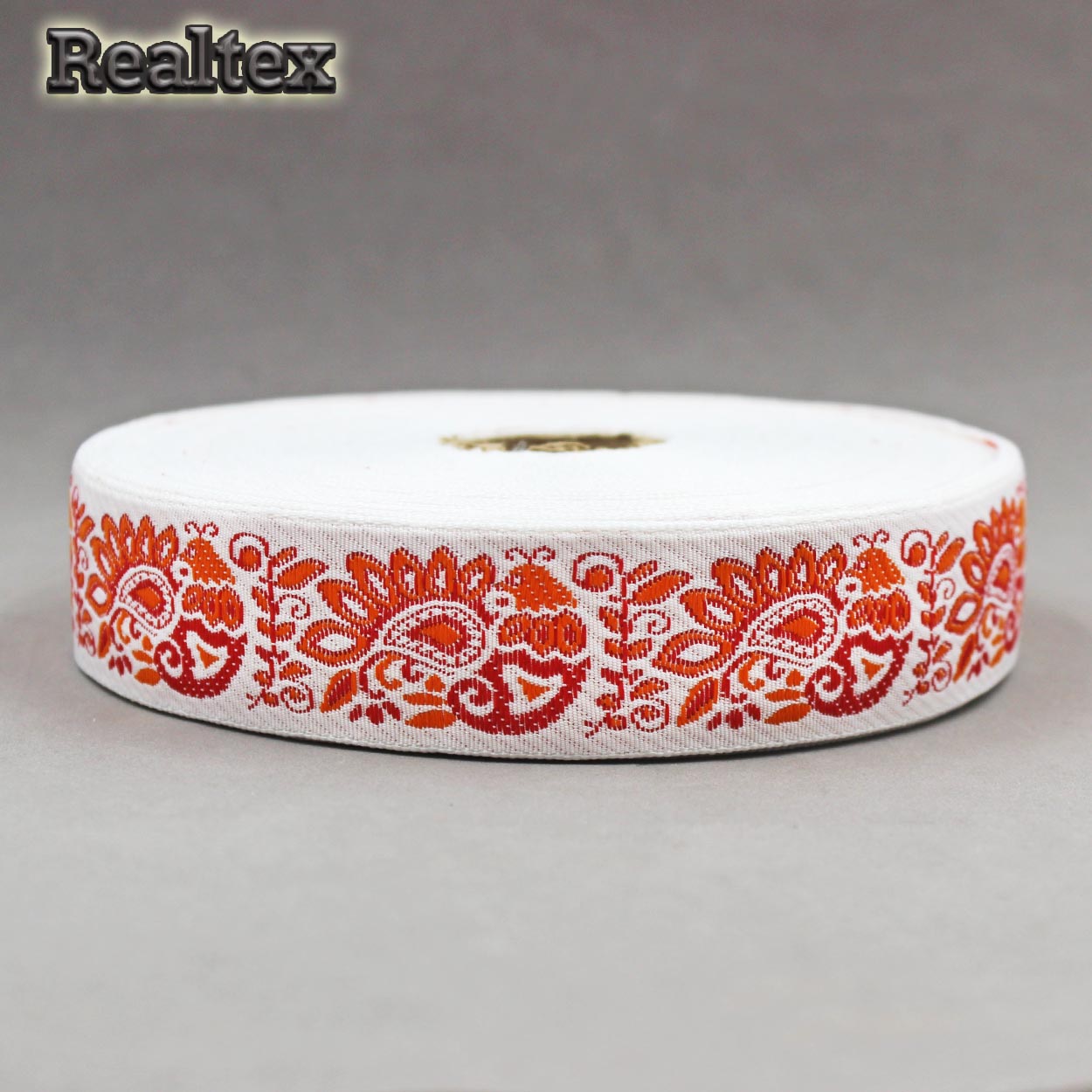 Тесьма жакардовая 32мм с1853г17 рис.9017 (25м) цв.белый/красный/оранжевый 