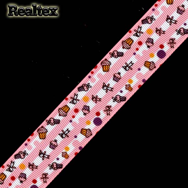 Лента репсовая с рисунком Реалтекс 25мм "Праздник" цв.персиковый/белый
