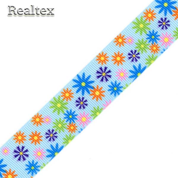 Лента репсовая с рисунком Реалтекс 25мм "Ромашка" цв.голубой