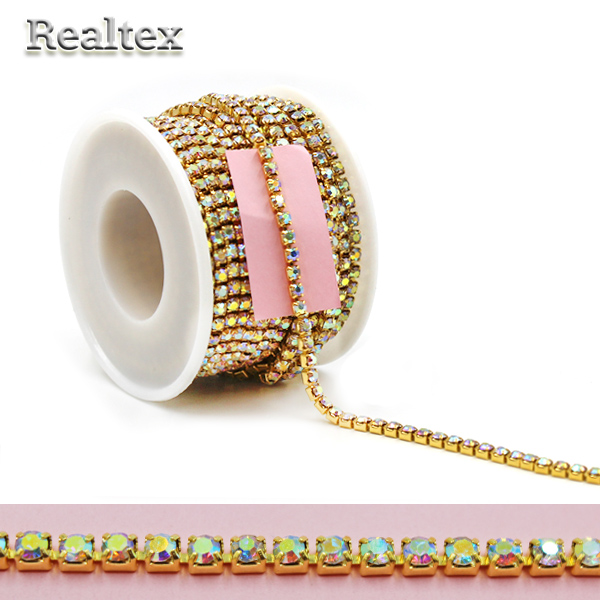 Тесьма-стразы Реалтекс SS-10 3мм (оригинал-стекло) цв.crystal AB/золото