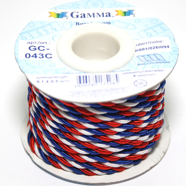 Шнур витой GC-043C 4мм "Гамма" цв.001/026/094 триколор
