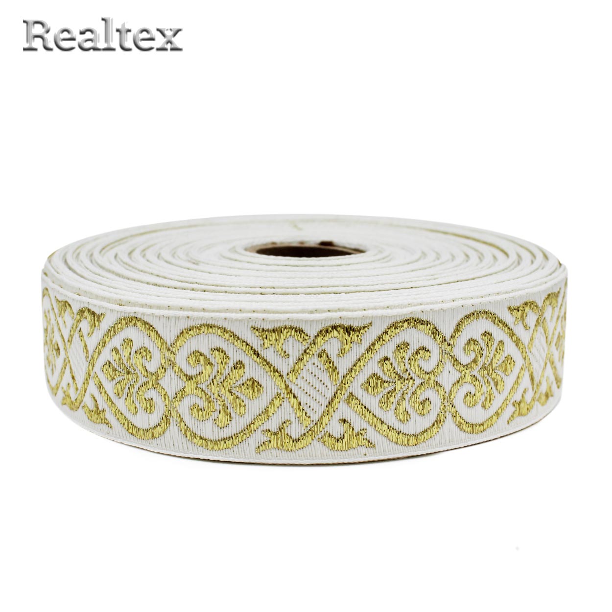 Тесьма жакардовая 32мм с3104г17 рис.9818 "в" (25м) цв.белый/золото