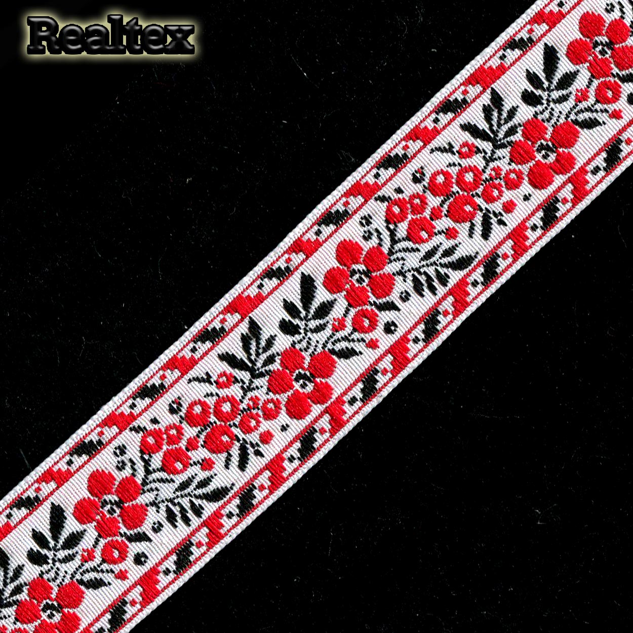 Тесьма жакардовая 32мм с1853г17 рис.9448 (25м) цв.белый/красный/черный