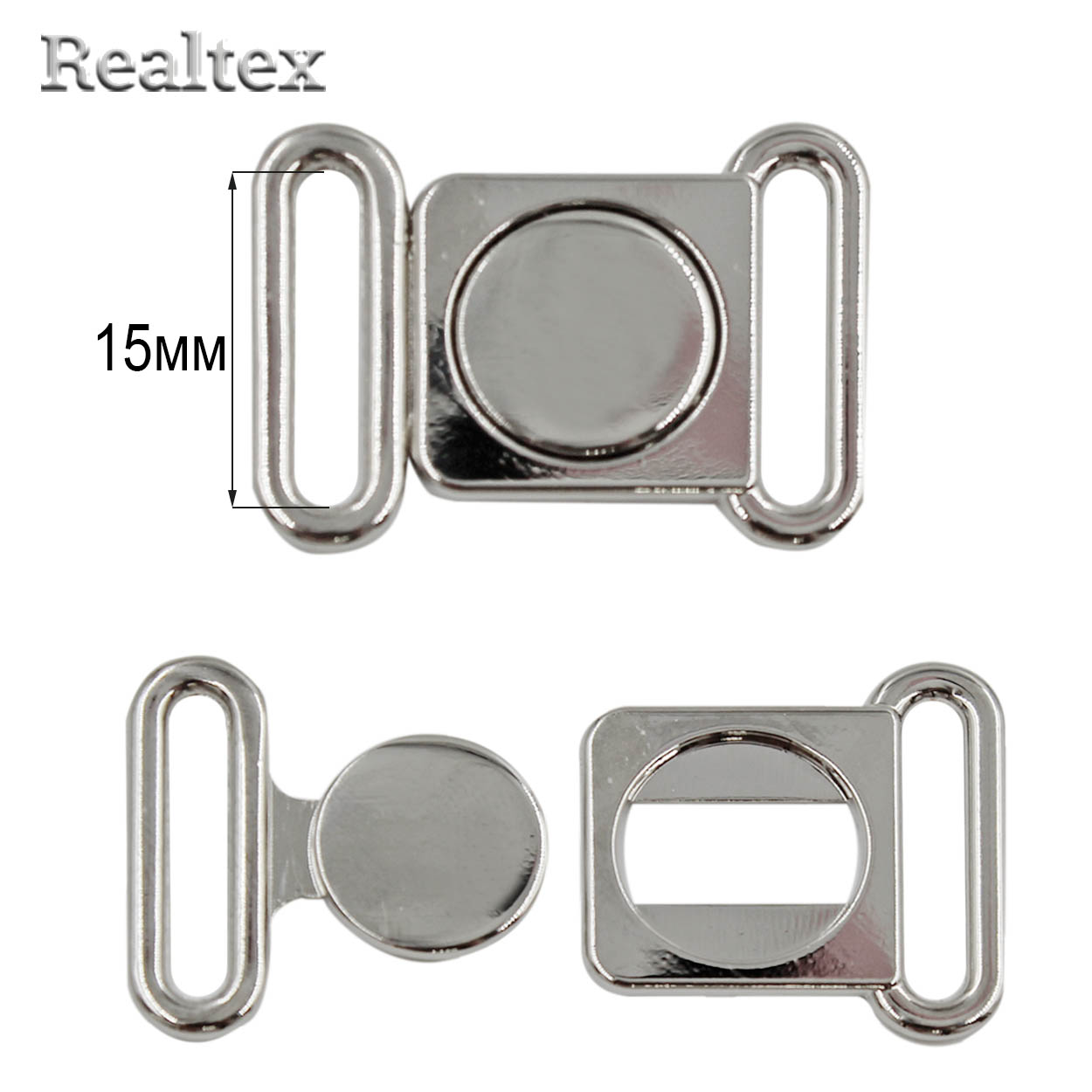 Застежка для купальника металлическая Realtex 15мм 3630 (10шт) цв.полированный никель