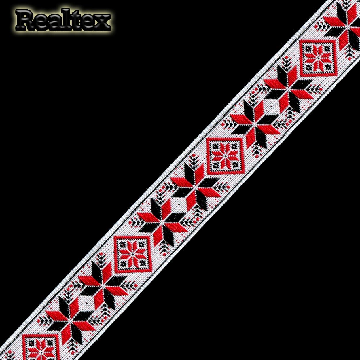 Тесьма жакардовая 24мм с1852г17 рис.9654 (25м) цв.белый/красный/черный