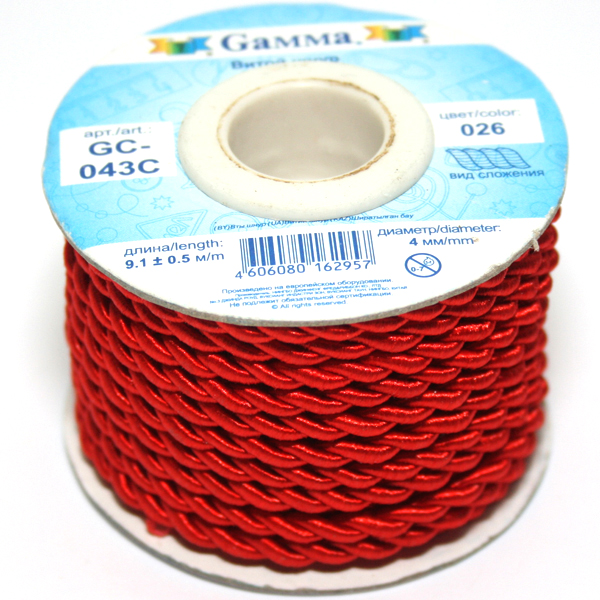 Шнур витой GC-043C 4мм "Гамма" цв.026 красный