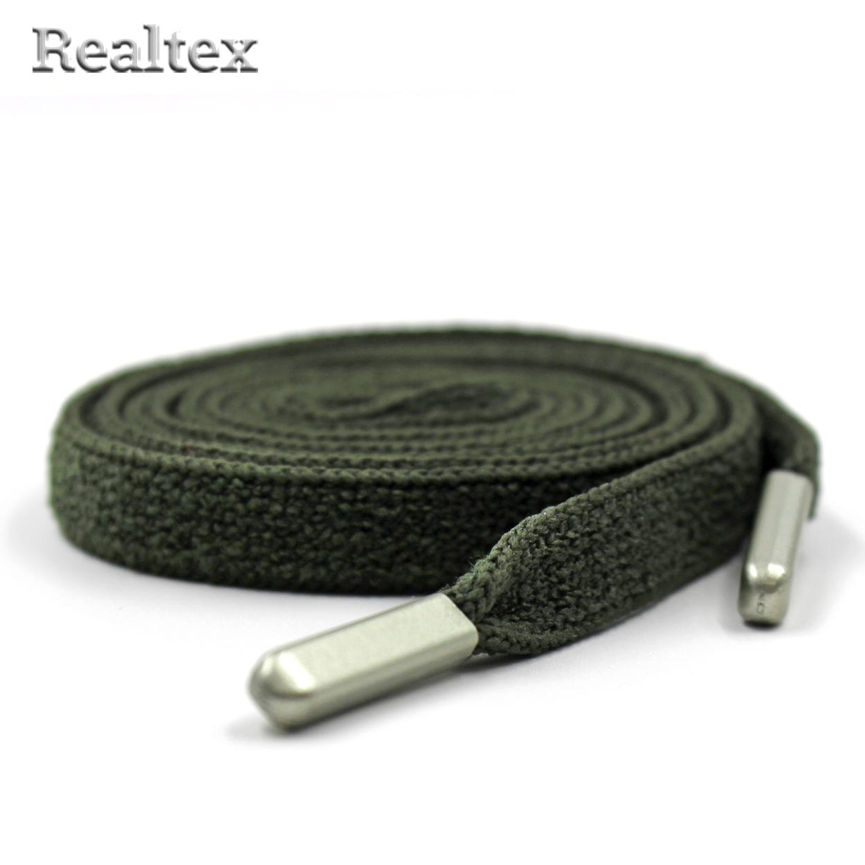 Шнур с наконечниками Realtex R- 5 плоский, однотонный, мягкий шир.8мм дл.140см (10шт) цв.темный хаки