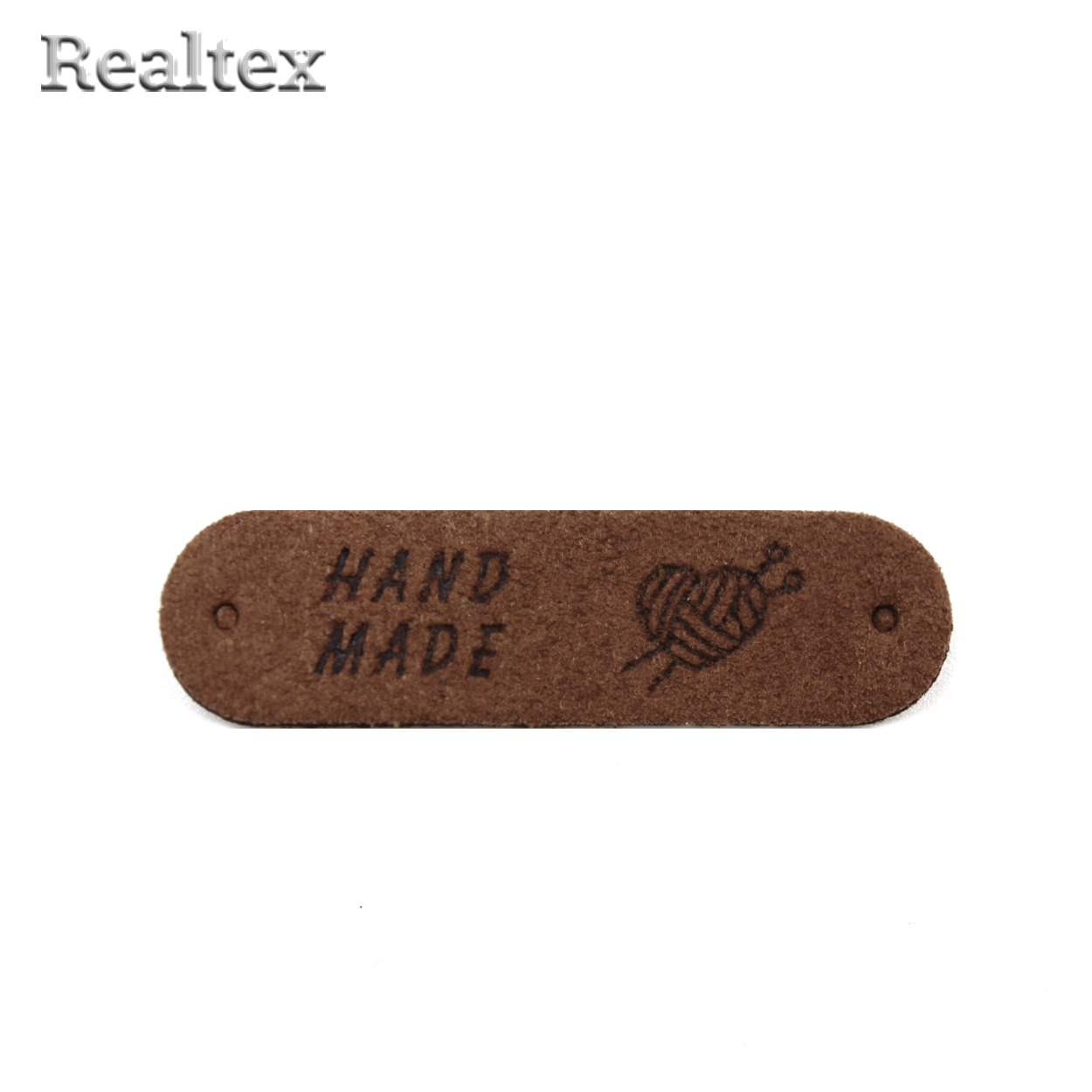Бирка пришивная замша Realtex №23 "Клубок сердечком со спицами " цв.коричневый