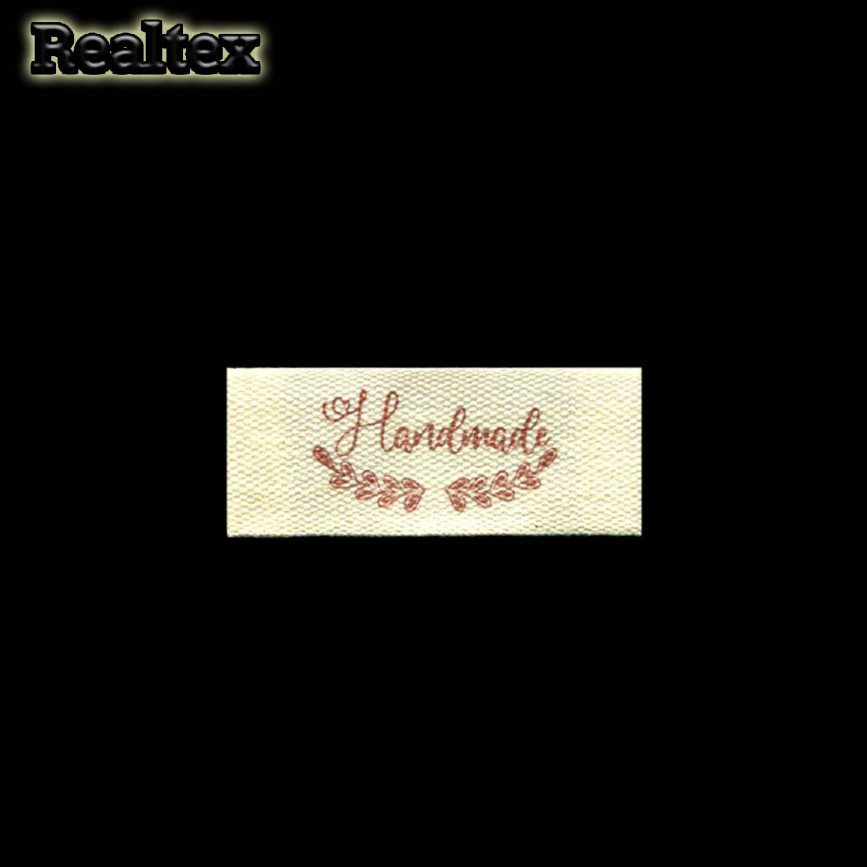 Бирка пришивная ткань Realtex №28 "HandMade" (25шт) цв.суровый/бордовый