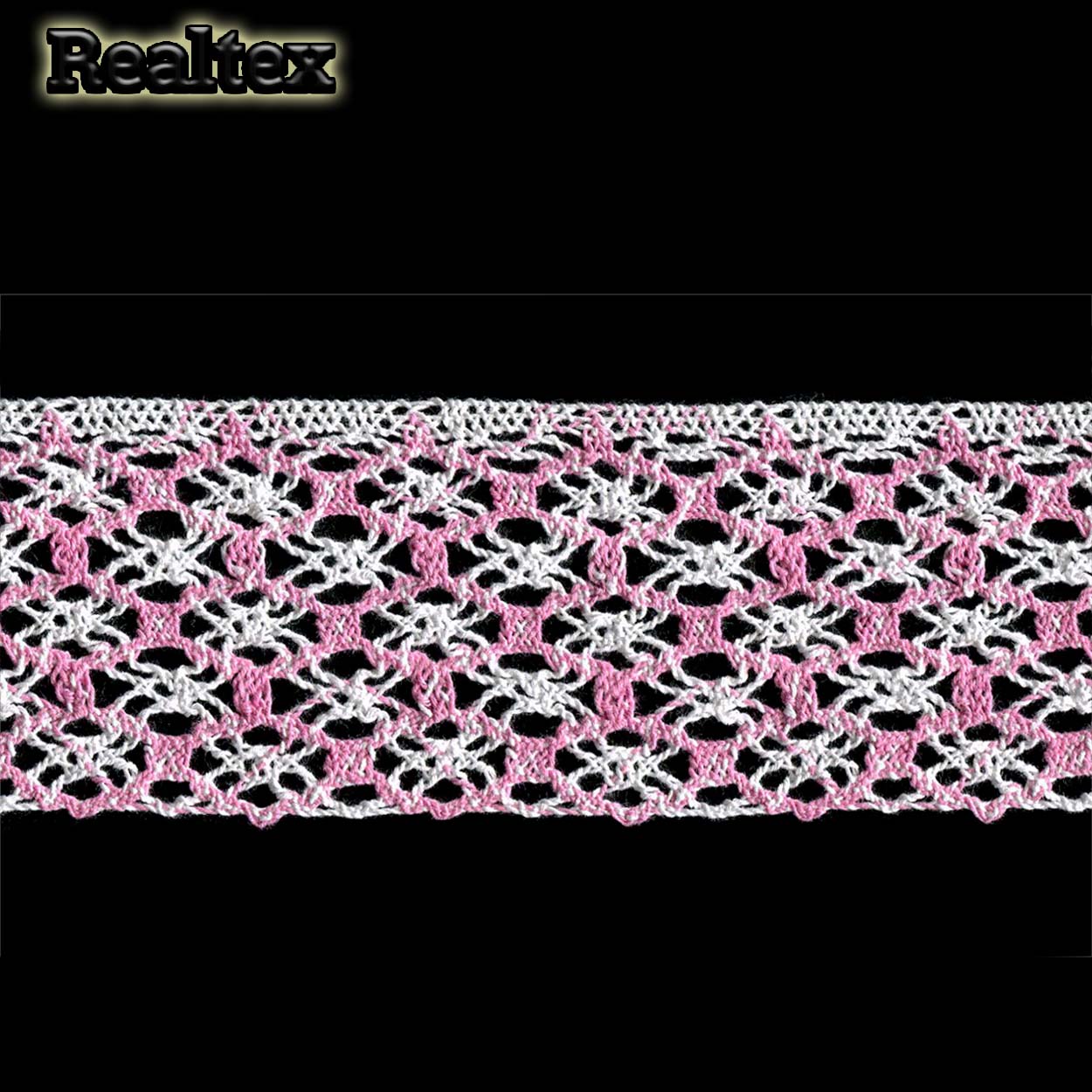 Кружево вязаное  75мм 75.01.183 (25м) цв.белый/розовый 