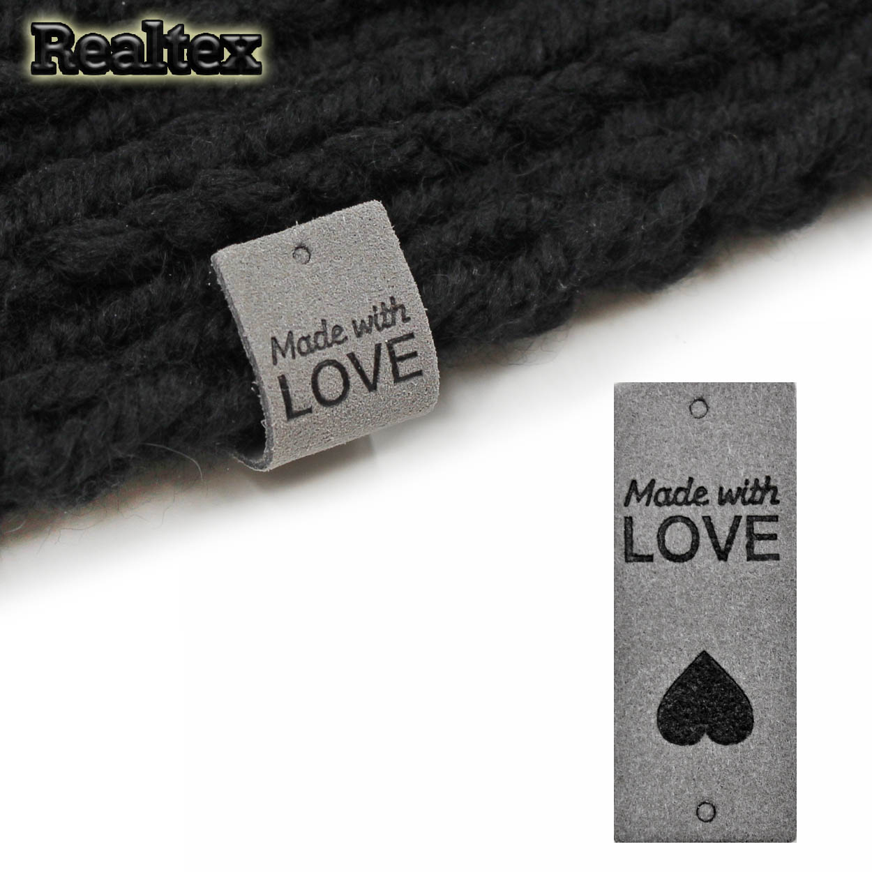 Бирка пришивная замша Realtex №25 "Made with Love" цв.серый