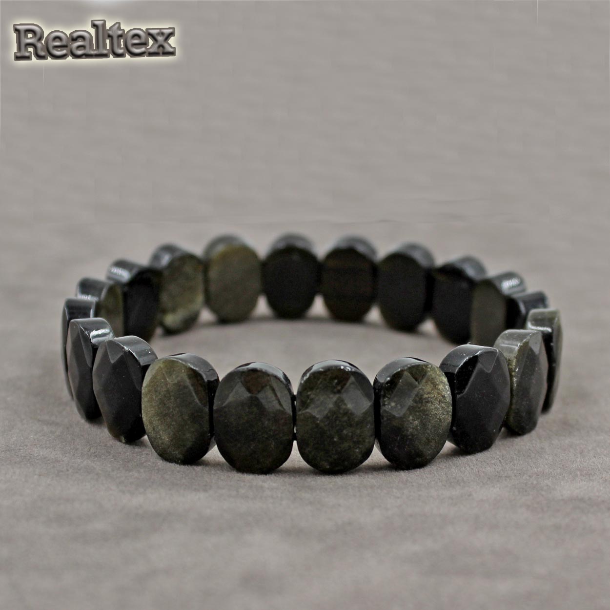 Браслет Realtex из натурального камня Овал граненый цв.темно-оливковый