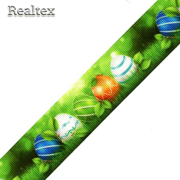 Лента репсовая с рисунком Реалтекс 25мм "Яйца в траве" цв.зеленый
