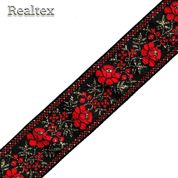 Тесьма жакардовая 32мм с3104г17 рис.9578"в" (25м) цв.черный/красный/золото