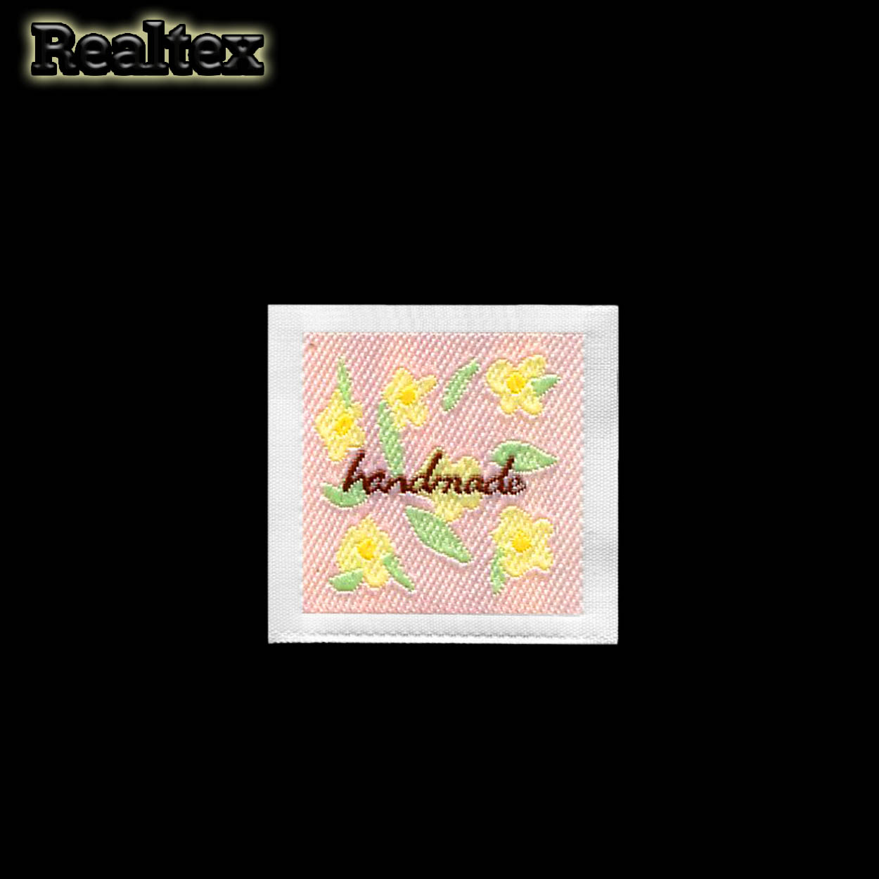 Бирка пришивная ткань Realtex №66 "HandMade" (25шт) цв.молочный/св.розовый/желтый