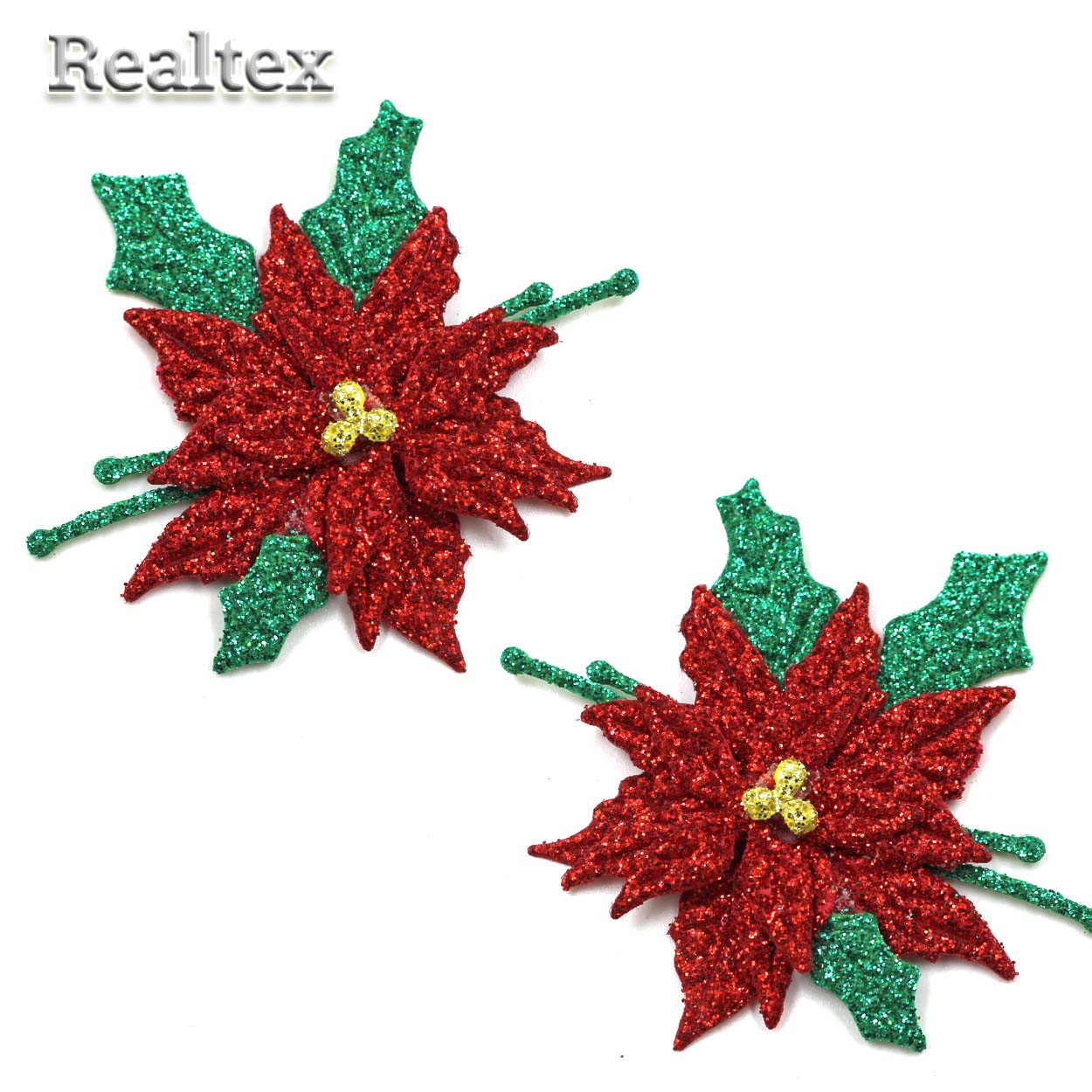 Набор "Пуансеттии" из глиттерного фоамирана 50мм (2шт) цв.красный/зелёный