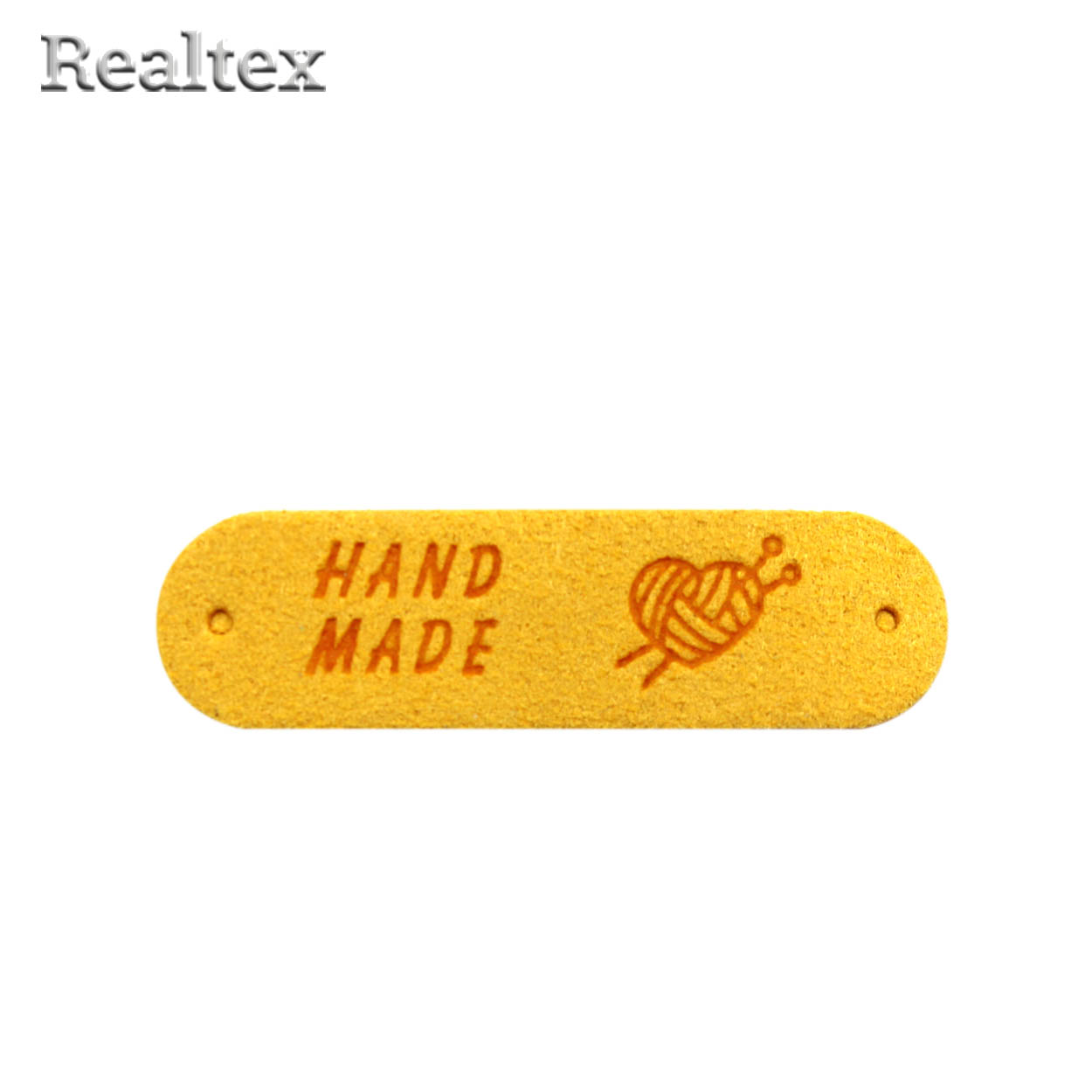 Бирка пришивная замша Realtex №23 "Клубок сердечком со спицами" цв.темно-желтый