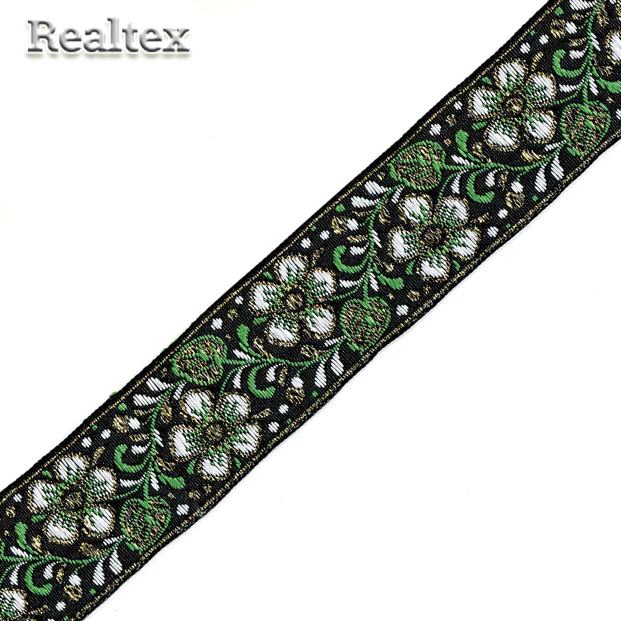 Тесьма жакардовая 32мм с3104г17 рис.9565"в" (25м) цв.черный/зеленый/золото